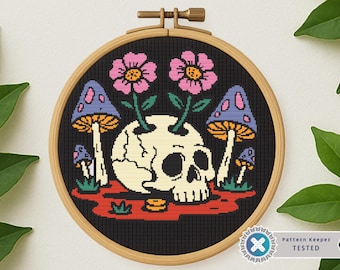スカル＆フラワーのクロスステッチパターン：ゴシックボタニカル刺繍（PDFダウンロード）
