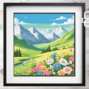 Moderne Natur Berglandschaft Kreuzstich Muster PDF | Wild Nature xStitch Stickvorlage | Einfaches digitales Stickmuster