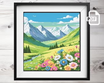 Mountain Landscape Cross Stitch Pattern: Modern Nature Design (PDF)