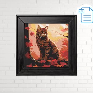 Autumn Cat Cross Stitch Pattern: Fall Leaves Embroidery (PDF)