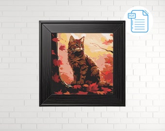 May include: A painting of a brown tabby cat sitting in a tree with red and orange leaves. The cat is looking to the right of the image. The background is a blurry orange and yellow.