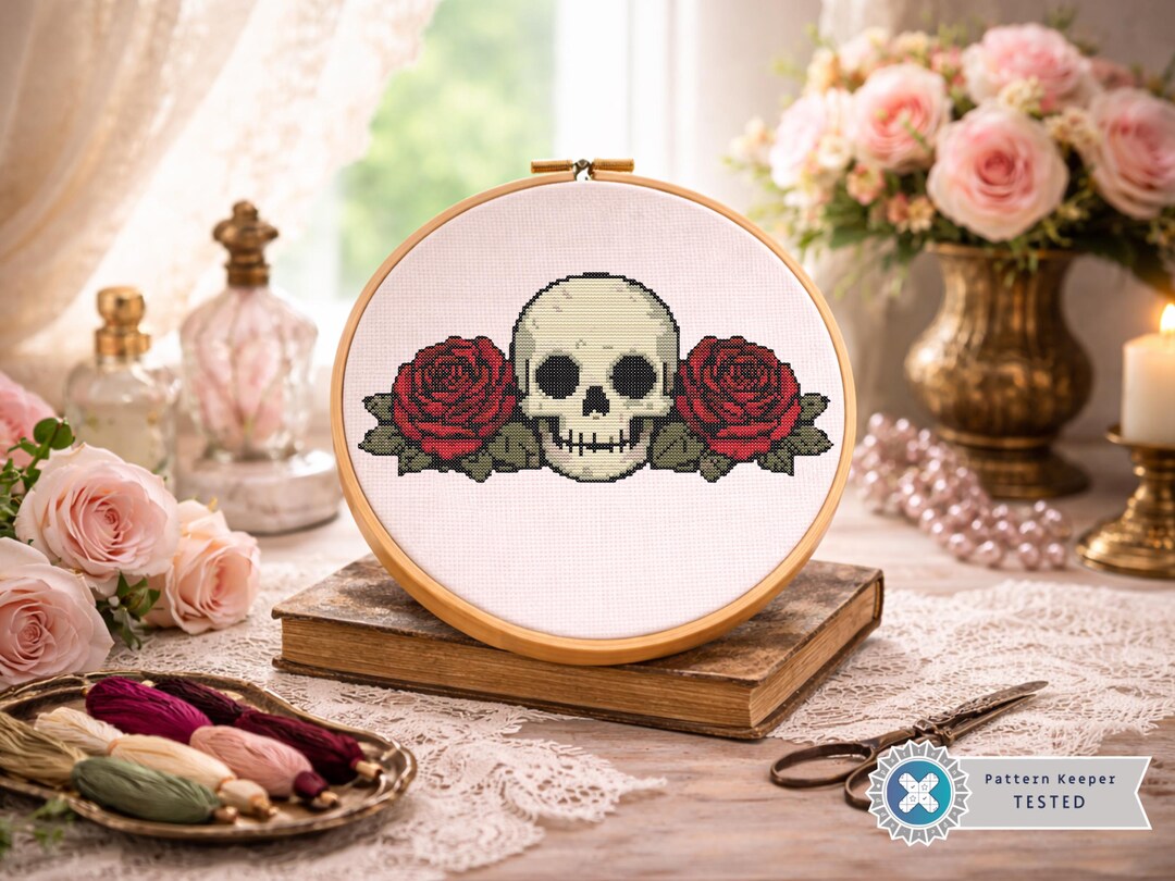 Skull and Red Roses Cross Stitch Pattern, Gothic Floral Embroidery (PDF ...