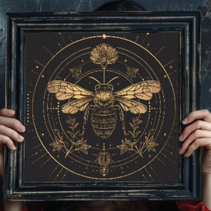 Motif abeille vintage doré au point de croix PDF | Cadeau gothique pour carte de points gothiques en X | Tableau gothique des abeilles | Numérique Halloween | Moderne Facile