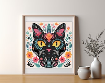 Abstract Cat with Flowers Cross Stitch Pattern (PDF)