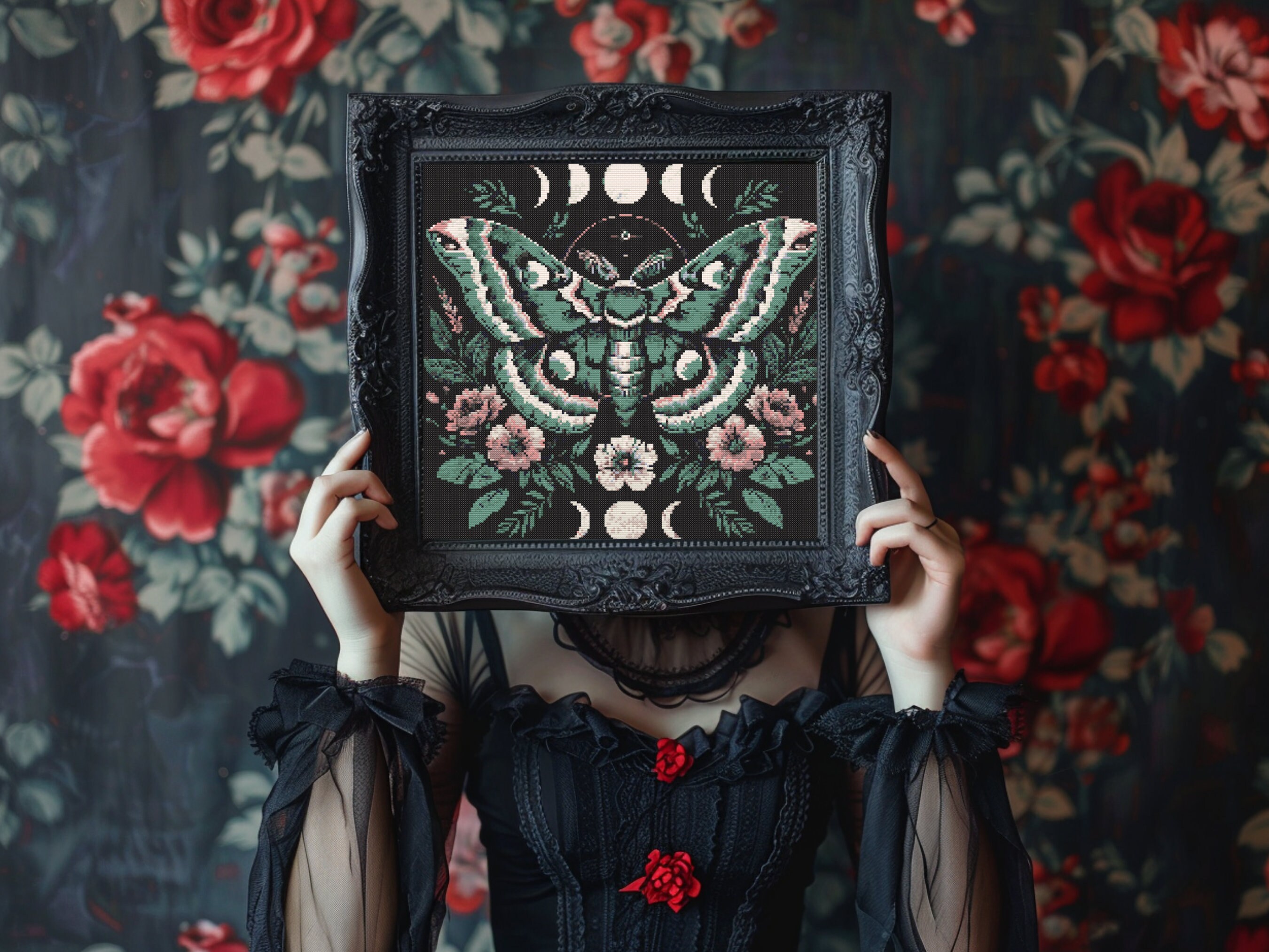 Gothic Moth Cross Stitch Pattern: Dark Floral Insect Chart (PDF) - Etsy