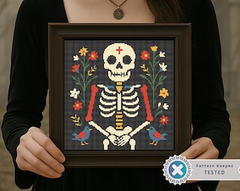 Patrón de punto de cruz de esqueleto de arte popular: diseño gótico floral (patrón en PDF, 3 extras incluidos)
