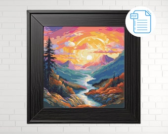 Schema punto croce Alba in montagna: Paesaggio impressionista (download PDF)