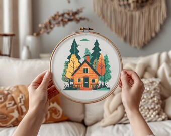 Folk Art Forest House Cross Stitch Pattern: Modern Landscape (PDF