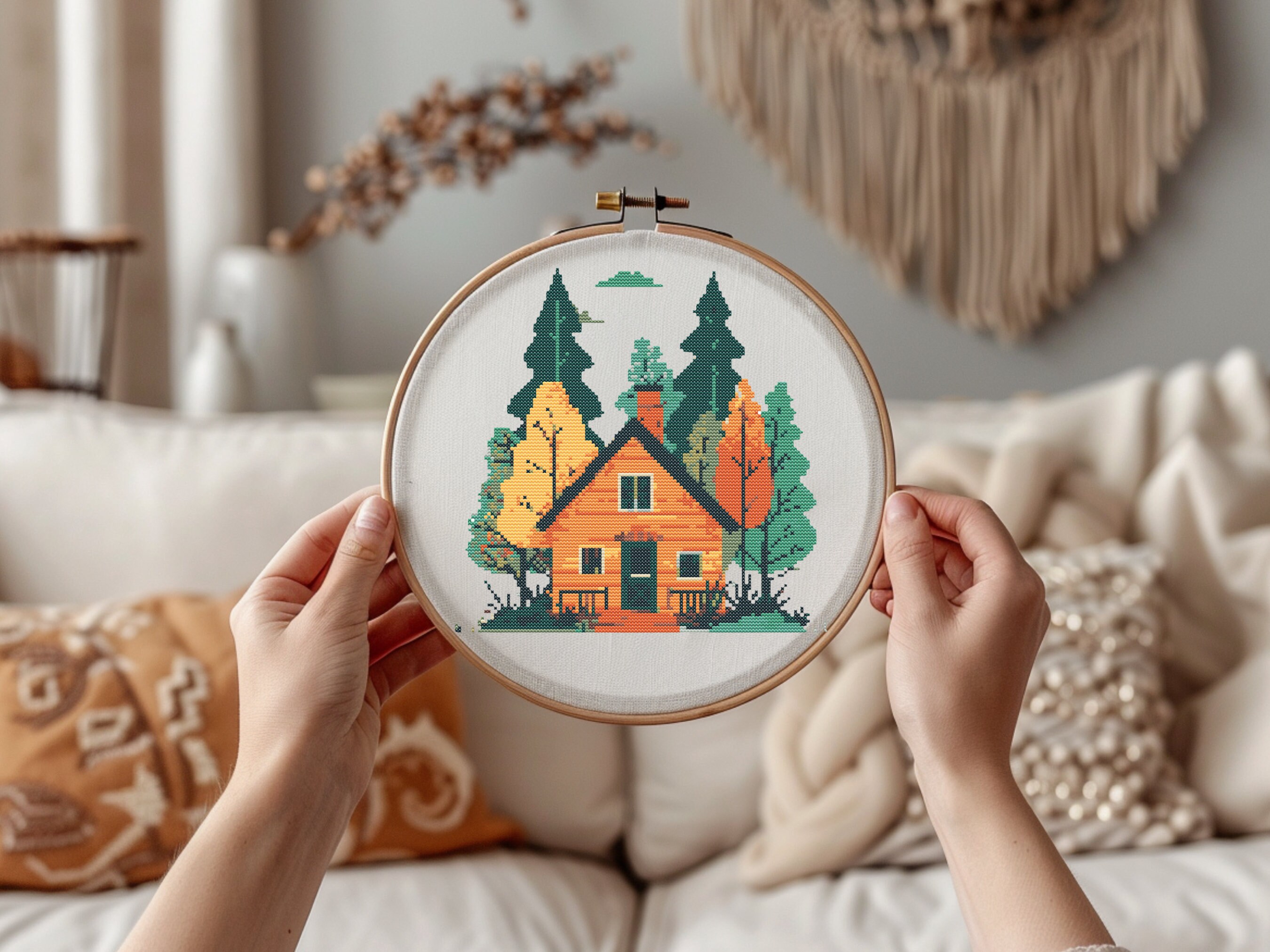 Folk Art Forest House Cross Stitch Pattern: Modern Landscape (PDF