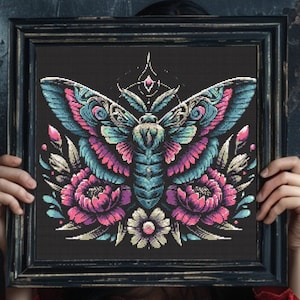 Gothic Moth Cross Stitch Pattern PDF | Floral Moth Cross Stitch Chart | Dark Insect modern counted chart | Witchy, Witchcraft, Gothic PDF