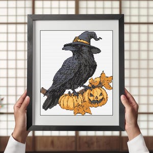 Halloween Raven Cross Stitch Pattern PDF | Spooky xstitch counted chart | Pumpkin cross stitch Pattern | Gothic cross stitch