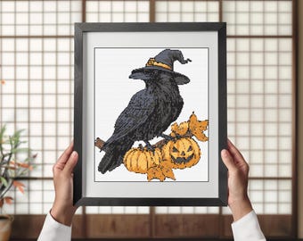 Halloween Raven Cross Stitch Pattern: Gothic Pumpkin Design (PDF)