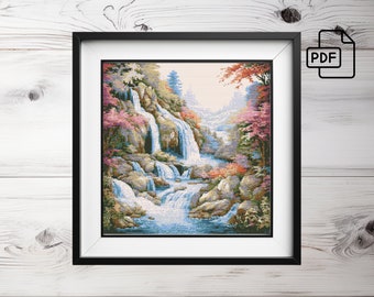 Forest Waterfall Cross Stitch Pattern: Tranquil Wilderness (PDF Pattern)