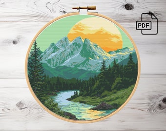 Mountain Sunrise Cross Stitch Pattern: Landscape Embroidery (PDF Pattern)