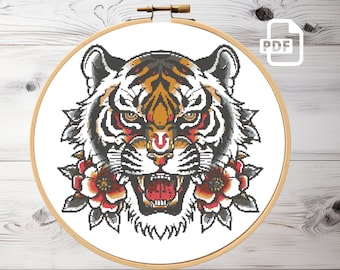 Patrón de punto de cruz de tigre: Diseño de animal salvaje (Descarga PDF)