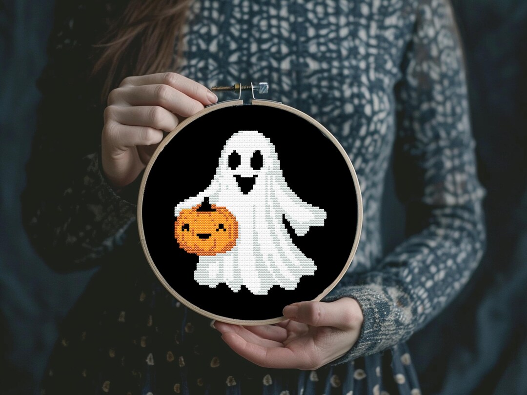 Easy Small Halloween Ghost With Pumpkin Cross Stitch Pattern | Cute ...