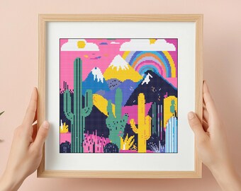 Sunrise Desert Cross Stitch Pattern: Cactus Landscape (PDF Download)