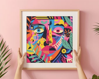 Abstract gezicht kruissteekpatroon: moderne kleurrijke kunst (pdf)