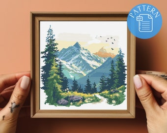 Summer Mountain Landscape Cross Stitch Pattern: Nature Scenery (PDF Pattern)