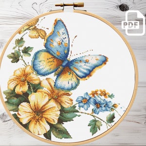 Wilde bloemen met vlinderkruissteekpatroon PDF | Modern kruissteekontwerp | Bloemen geteld xsteekdiagram | Borduurontwerp digitaal