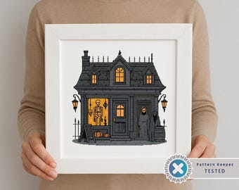 Gothic Haunted House Cross Stitch Pattern: Spooky Halloween Skeleton (PDF)