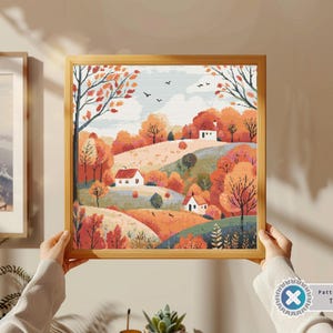 Autumn Forest Village houses Cottage cross stitch pattern | Modern Fall Cross Stitch | Landscape cross stitch | Autumn xstitch chart