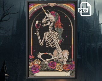 Wzór haftu krzyżykowego: Gotycki szkielet jednorożca: Makabryczne Halloween (PDF)