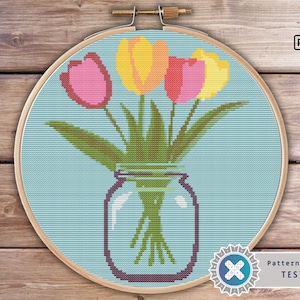 Tulip Cross Stitch Pattern: Flowers in Jar (PDF Pattern)