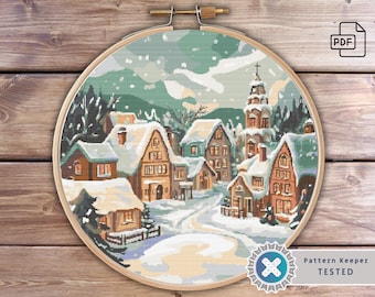 Winter Village Cross Stitch Pattern: Christmas Cottage Scene (PDF Pattern)