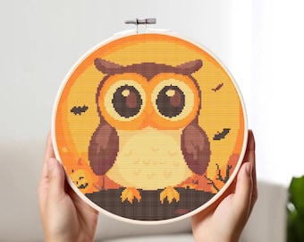 Halloween Owl Cross Stitch Pattern PDF | Pumpkin Owl xstitch counted chart | Halloween cross stitch | Autumn Pattern