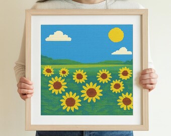 Sonnenblumenfeld Kreuzstichmuster - Bunte Sommerstickerei, einfaches PDF-Muster, anfängerfreundlich