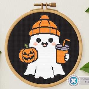 Halloween Ghost Cross Stitch Pattern PDF – Pumpkin & Drink | Cute Spooky Autumn Embroidery Chart for Gothic Halloween Decor