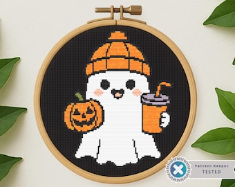 Halloween Geist Kreuzstichmuster - Kürbis & Getränk (PDF-Muster)