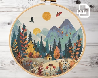 Forest Mountain Landscape Cross Stitch Pattern: Nature Scene (PDF Pattern)