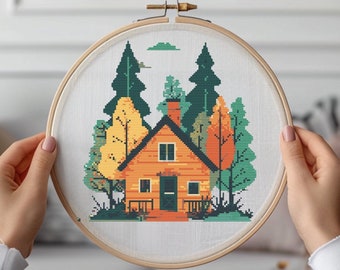 Folk Art Forest House Cross Stitch Pattern: Modern Landscape (PDF