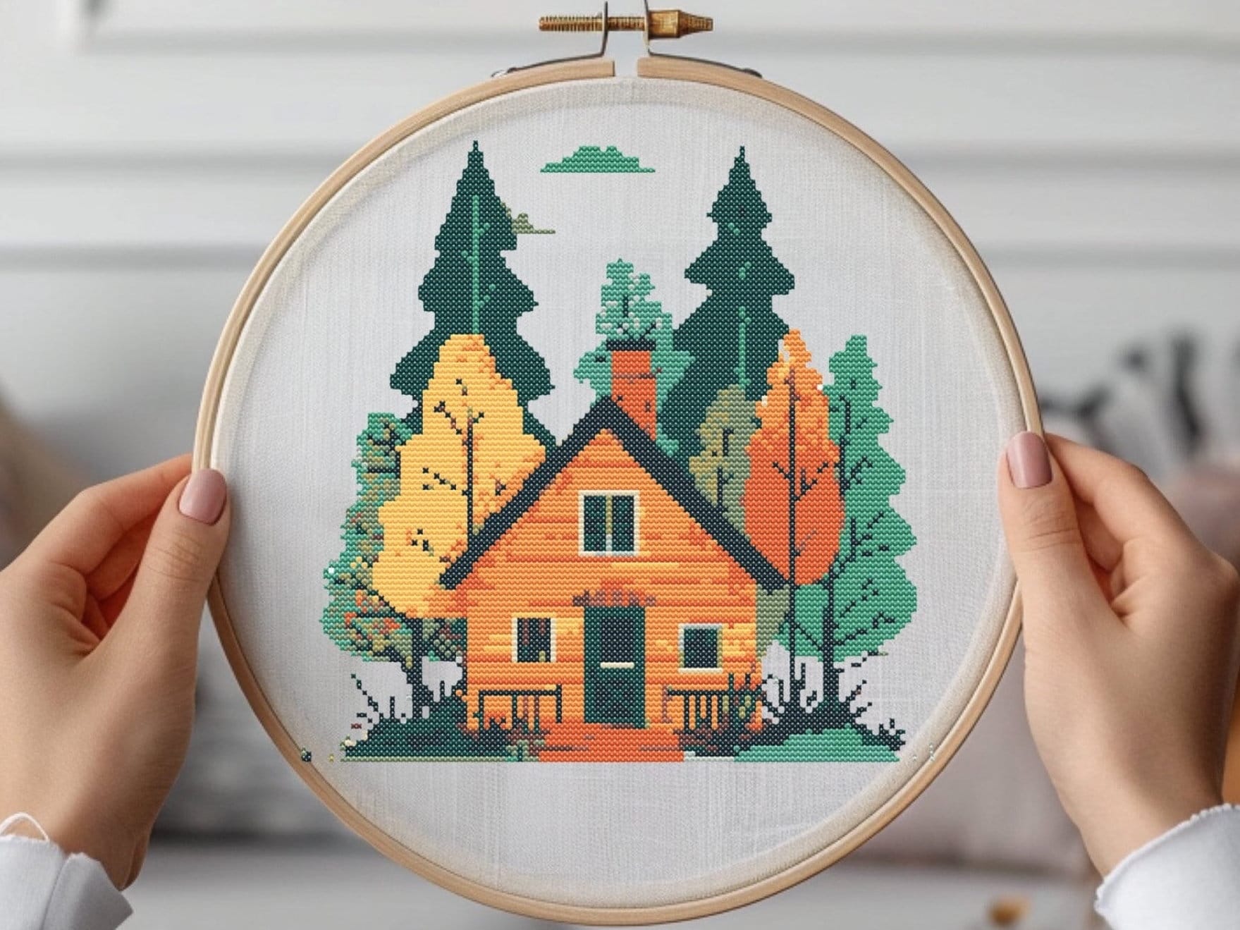 Folk Art Forest House Cross Stitch Pattern: Modern Landscape (PDF