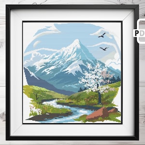 Modernes Natur-Berglandschaft-Kreuzstichmuster PDF | Wild Nature xStitch Zählkarte | Einfaches digitales Stichmuster