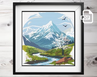 Modern Mountain Landscape Cross Stitch Pattern: Nature Art (PDF Pattern)