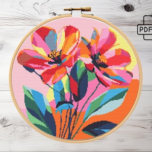 Kruissteekpatroon abstracte bloemen | Moderne bloemen | Natuurpatroon | X-steekpatroon | Direct PDF downloaden | Eenvoudig natuurpatroon |