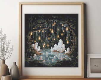 May include: A digital painting of a group of white ghosts gathered around a glowing pond in a dark forest. The ghosts are illuminated by glowing lights hanging from the trees above.