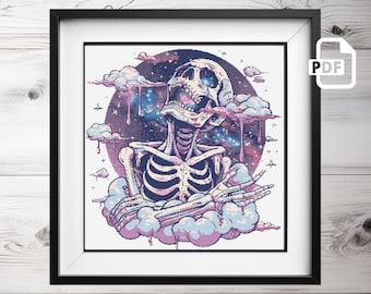 Skeleton in Clouds Cross Stitch Pattern: Gothic Halloween (PDF Pattern)