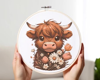 Highland Cow Cross Stitch Pattern PDF | Cute Animal Cross Stitch Pattern | Cross stitch for baby, kids | Easy xstitch Chart | Digital