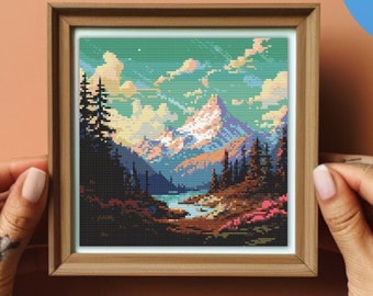 Serene Lake Cross Stitch Pattern – Sunset Mountain Landscape Embroidery – Peaceful Nature Scene – Rustic Cabin Decor – Digital PDF Download