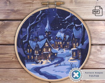 Kruissteekpatroon winterdorp: scène kersthuisje (pdf-patroon)
