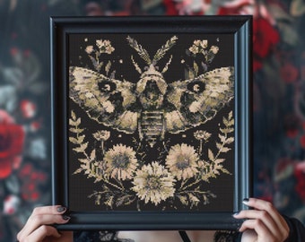 Death Head Moth Cross Stitch Pattern PDF | Gothic Floral Moth Cross Stitch Chart | Dark Insect modern counted chart | Witchy, Witchcraft