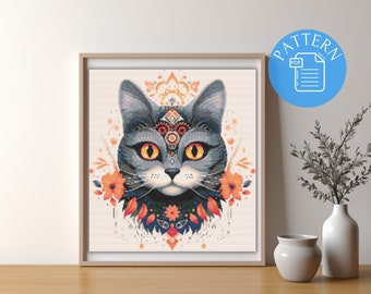 Floral Cat Cross Stitch Pattern: Whimsical Feline Design (PDF)