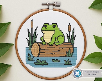 Frog on Log Cross Stitch Pattern – Cottagecore Embroidery (PDF Pattern)