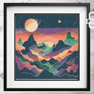 Berglandschaft mit Planet Kreuzstich Muster PDF | Cosmos modern Kreuzstichvorlage | Sofort download Kreuzstich Stickmuster