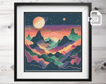 Mountain Planet Cross Stitch Pattern: Modern Cosmos Design (PDF)