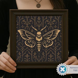 Gold Gothic Moth Cross Stitch Pattern PDF | Floral Moth Cross Stitch Chart | Dark Insect modern counted chart | Witchy, Witchcraft, PDF